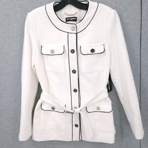 Karl Lagerfeld Paris Belted Tweed Button Front Up White Jacket Womens Size 4 NWT